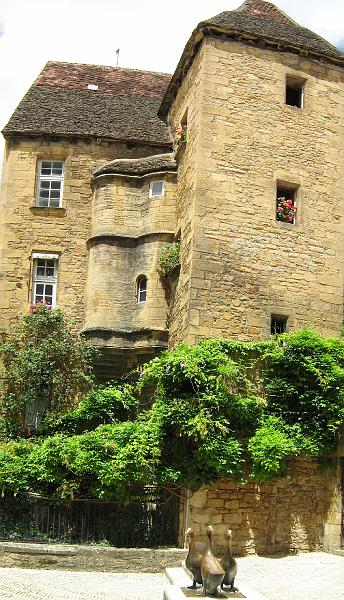 sarlat_ganzen.jpg - Met wat knutselen staat alles er bijna helemaal op. 2 foto's samengevoegd laten niet alleen de mooie gevel, maar ook de ganzen van de Dordogne op de voorgrond zien. Klein pleintje in in Sarlat la Caneda.