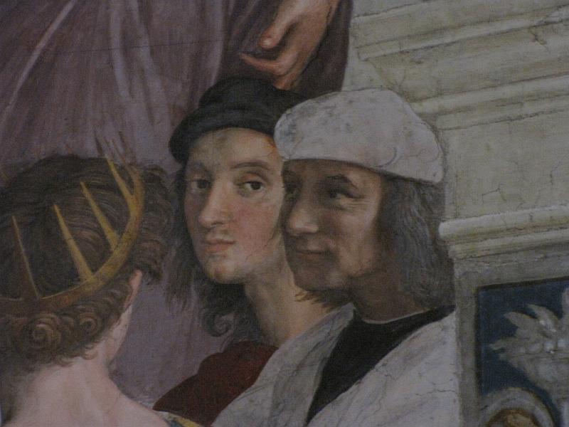 zelfportret_raphael.jpg - Detail van de School of Athens. De man met de donkere hoed is een zelfportret van Raphael.